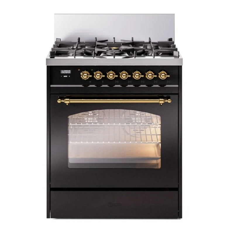 ILVE Nostalgie II 30" Dual Fuel Freestanding Range in Glossy Black with Brass Trim, UP30NMPBKGLP