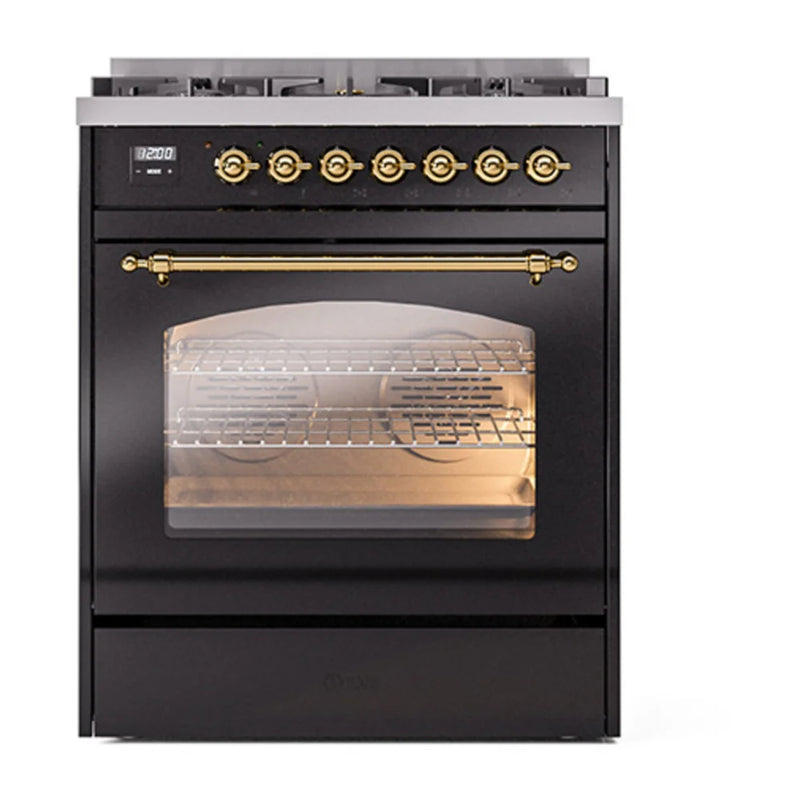ILVE Nostalgie II 30" Dual Fuel Freestanding Range in Glossy Black with Brass Trim, UP30NMPBKGLP
