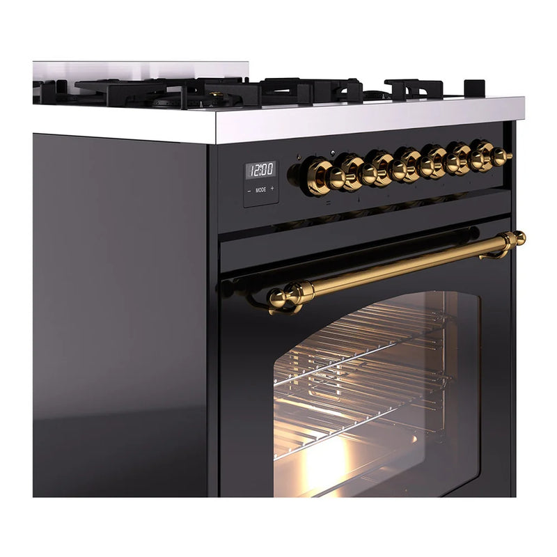 ILVE Nostalgie II 30" Dual Fuel Freestanding Range in Glossy Black with Brass Trim, UP30NMPBKGLP