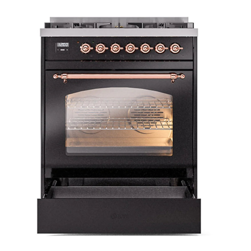 ILVE Nostalgie II 30" Dual Fuel Freestanding Range in Glossy Black with Copper Trim, UP30NMPBKPLP