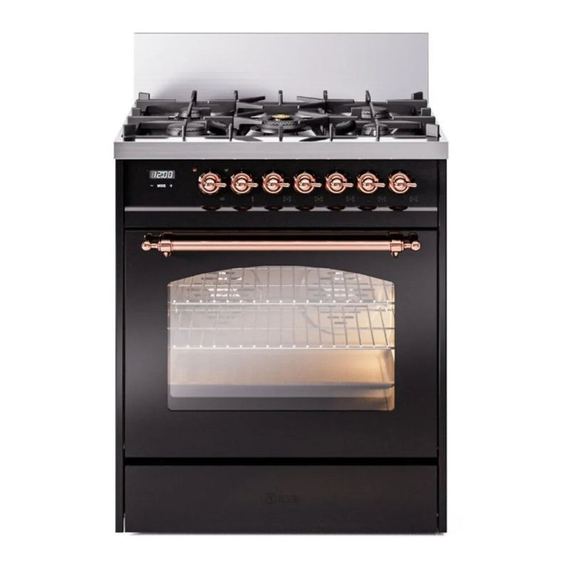 ILVE Nostalgie II 30" Dual Fuel Freestanding Range in Glossy Black with Copper Trim, UP30NMPBKP