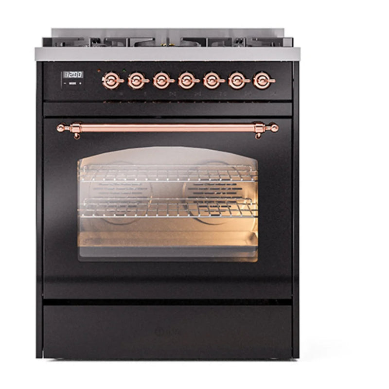 ILVE Nostalgie II 30" Dual Fuel Freestanding Range in Glossy Black with Copper Trim, UP30NMPBKP