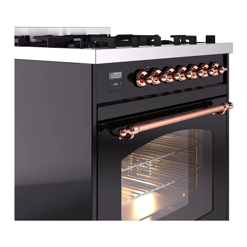 ILVE Nostalgie II 30" Dual Fuel Freestanding Range in Glossy Black with Copper Trim, UP30NMPBKP