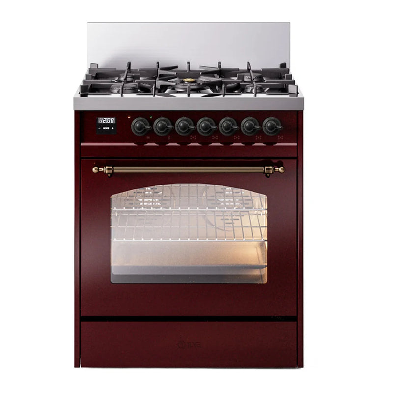 ILVE Nostalgie II 30" Dual Fuel Freestanding Range in Burgundy with Burnished Trim, UP30NMPBUB