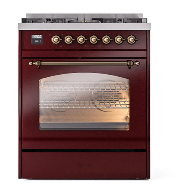 ILVE Nostalgie II 30" Dual Fuel Freestanding Range in Burgundy with Burnished Trim, UP30NMPBUB