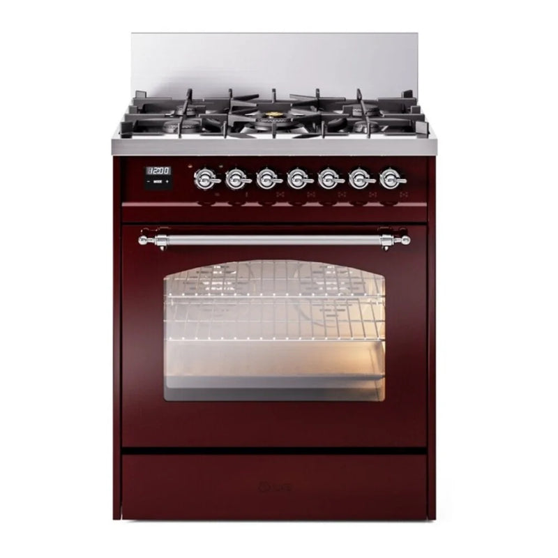 ILVE Nostalgie II 30" Dual Fuel Freestanding Range in Burgundy with Chrome Trim, UP30NMPBUCLP