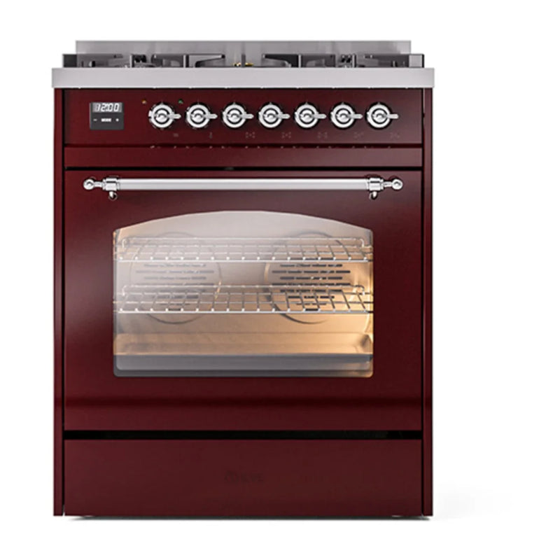 ILVE Nostalgie II 30" Dual Fuel Freestanding Range in Burgundy with Chrome Trim, UP30NMPBUCLP