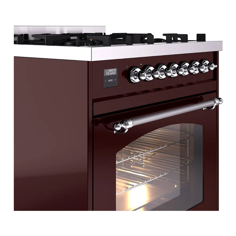 ILVE Nostalgie II 30" Dual Fuel Freestanding Range in Burgundy with Chrome Trim, UP30NMPBUCLP