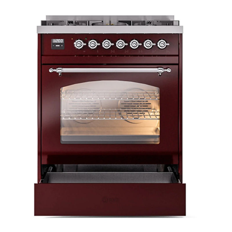 ILVE Nostalgie II 30" Dual Fuel Freestanding Range in Burgundy with Chrome Trim, UP30NMPBUC