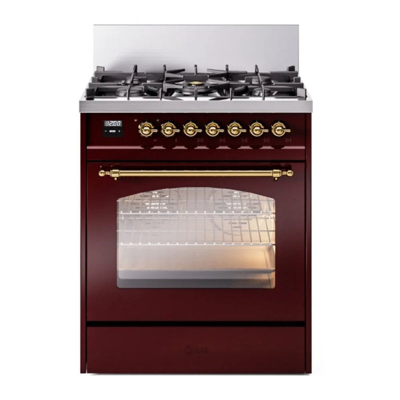 ILVE Nostalgie II 30" Dual Fuel Freestanding Range in Burgundy with Brass Trim, UP30NMPBUGLP