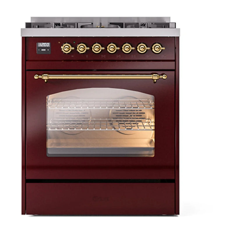 ILVE Nostalgie II 30" Dual Fuel Freestanding Range in Burgundy with Brass Trim, UP30NMPBUGLP