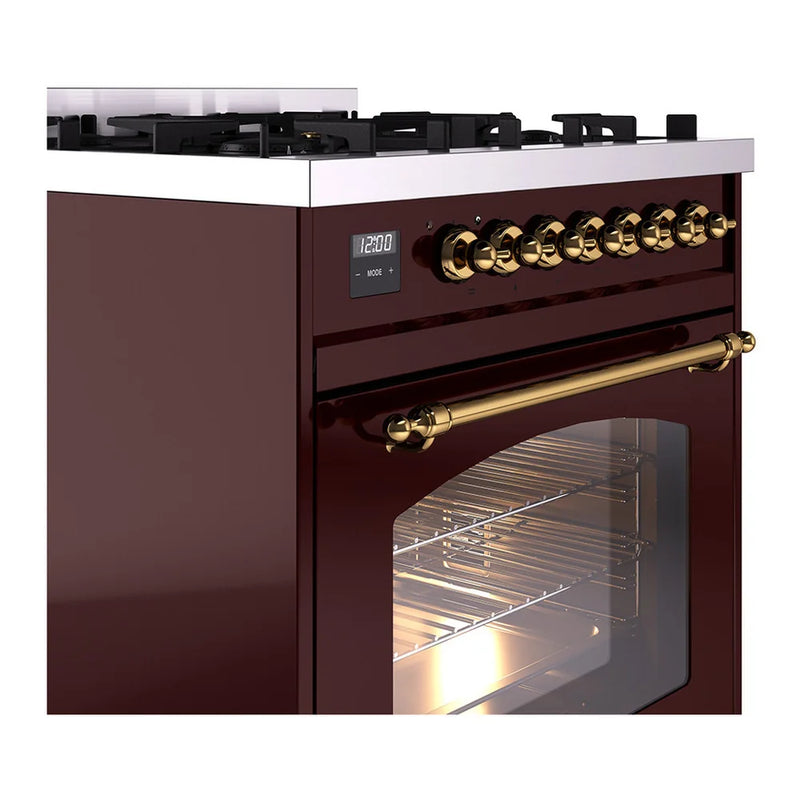 ILVE Nostalgie II 30" Dual Fuel Freestanding Range in Burgundy with Brass Trim, UP30NMPBUGLP
