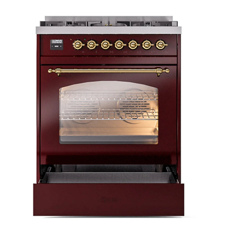 ILVE Nostalgie II 30" Dual Fuel Freestanding Range in Burgundy with Brass Trim, UP30NMPBUG