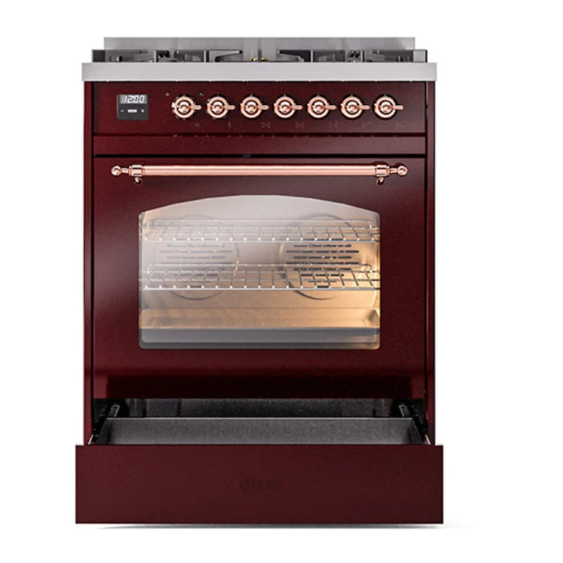 ILVE Nostalgie II 30" Dual Fuel Freestanding Range in Burgundy with Copper Trim, UP30NMPBUPLP
