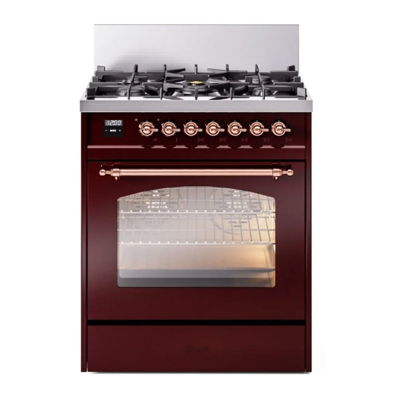ILVE Nostalgie II 30" Dual Fuel Freestanding Range in Burgundy with Copper Trim, UP30NMPBUP