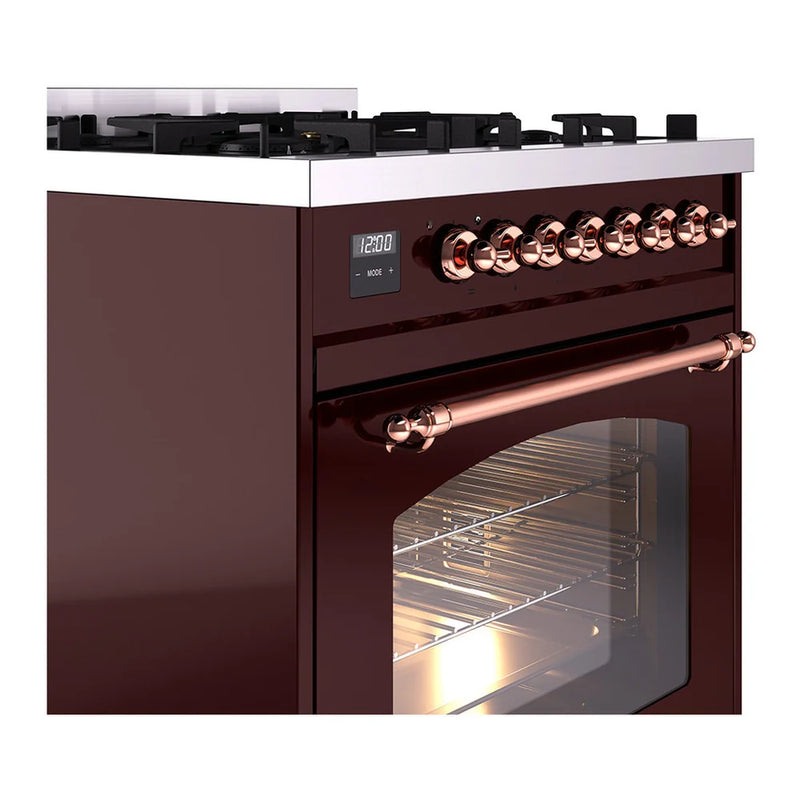 ILVE Nostalgie II 30" Dual Fuel Freestanding Range in Burgundy with Copper Trim, UP30NMPBUP