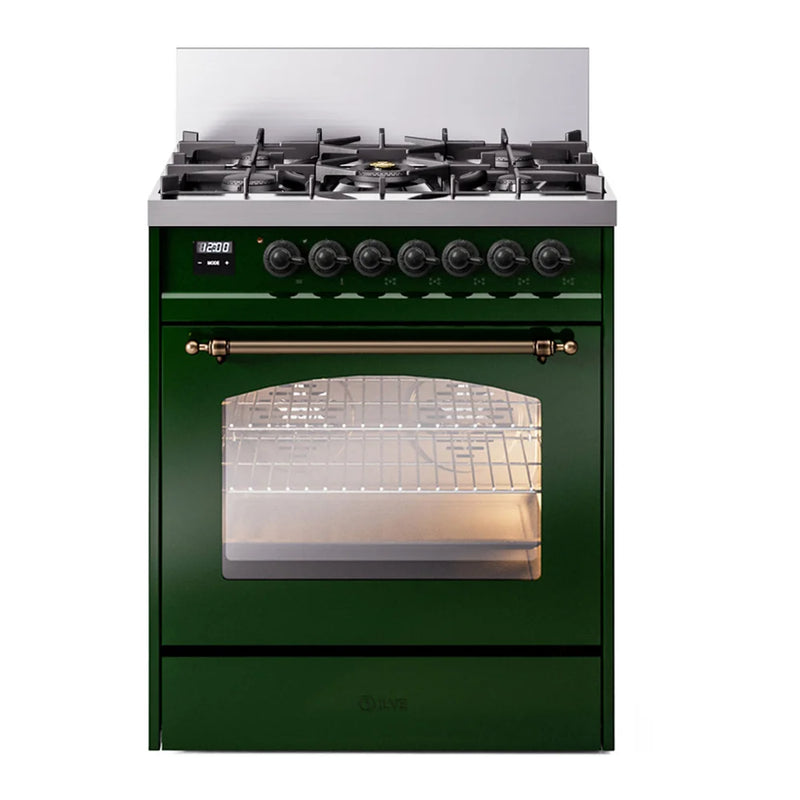 ILVE Nostalgie II 30" Dual Fuel Freestanding Range in Emerald Green with Burnished Trim, UP30NMPEGBLP