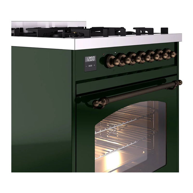 ILVE Nostalgie II 30" Dual Fuel Freestanding Range in Emerald Green with Burnished Trim, UP30NMPEGBLP