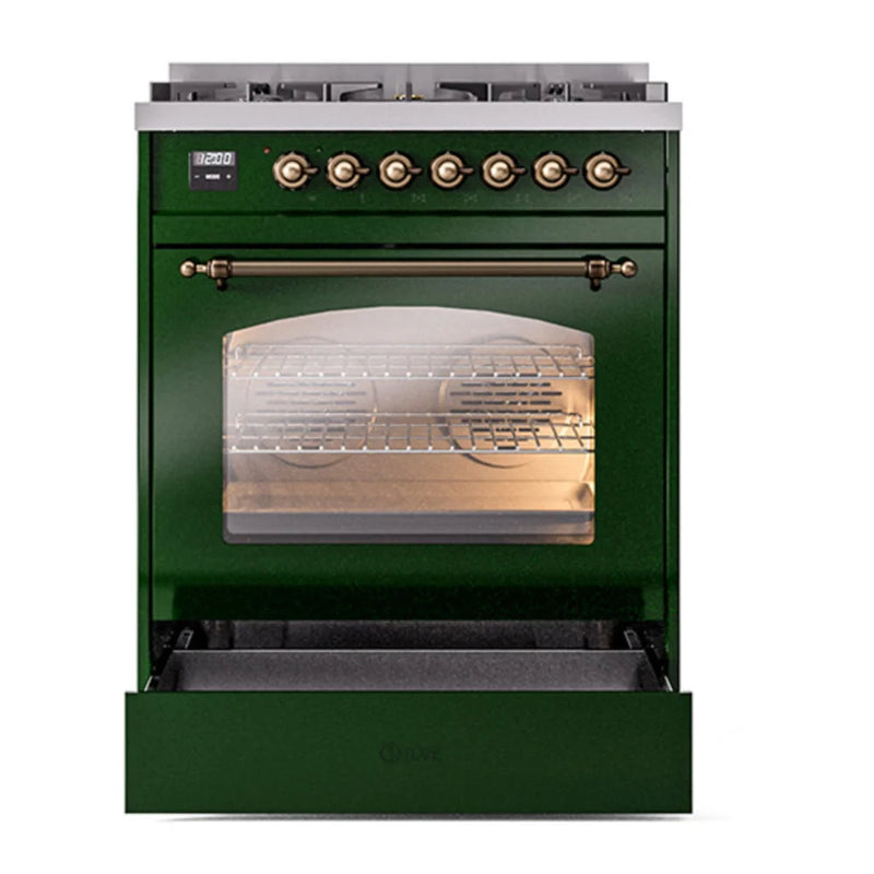 ILVE Nostalgie II 30" Dual Fuel Freestanding Range in Emerald Green with Burnished Trim, UP30NMPEGB
