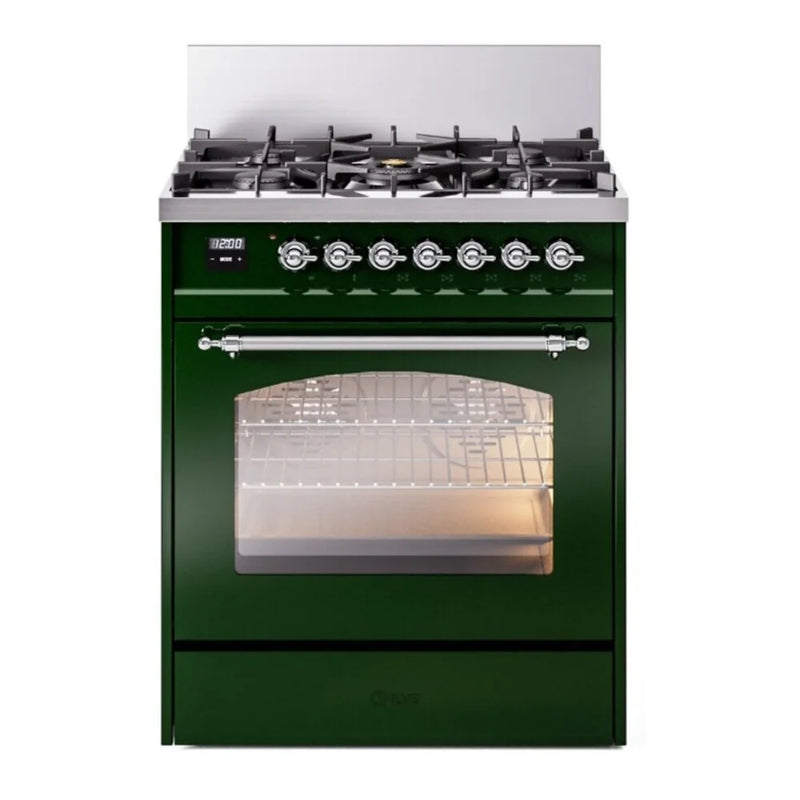ILVE Nostalgie II 30" Dual Fuel Freestanding Range in Emerald Green with Chrome Trim, UP30NMPEGC