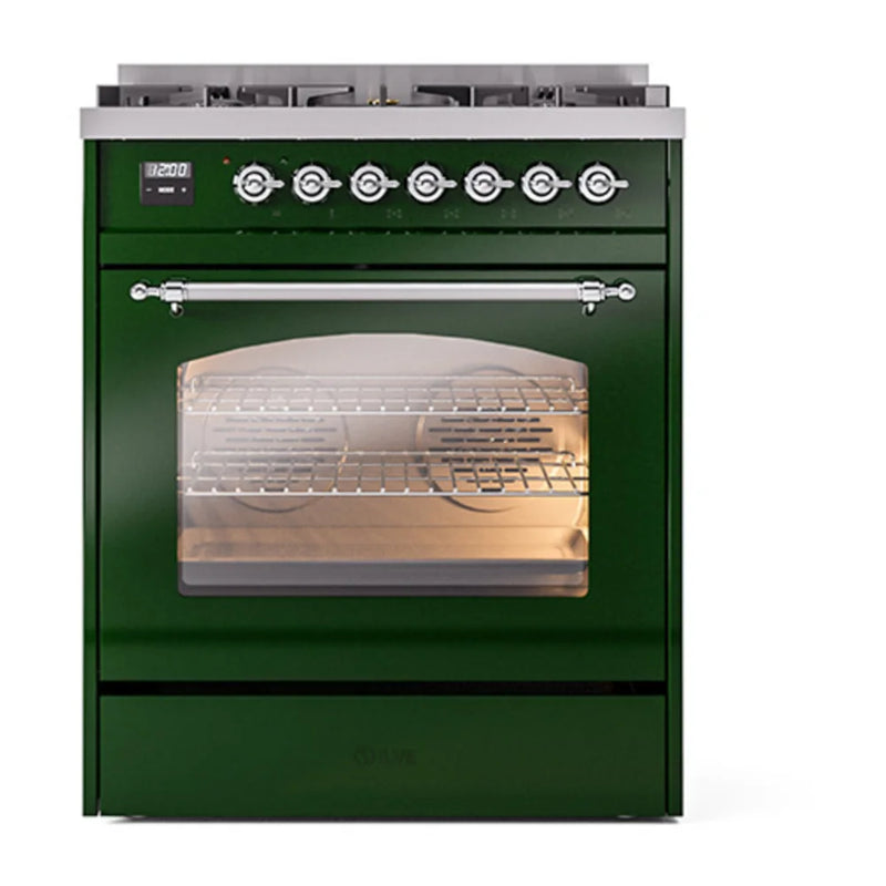 ILVE Nostalgie II 30" Dual Fuel Freestanding Range in Emerald Green with Chrome Trim, UP30NMPEGC