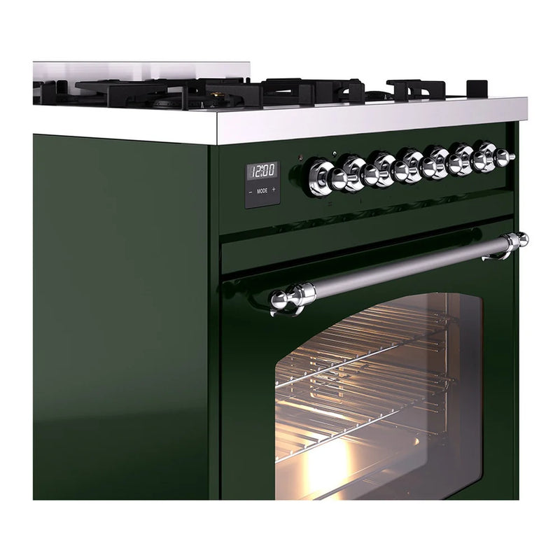 ILVE Nostalgie II 30" Dual Fuel Freestanding Range in Emerald Green with Chrome Trim, UP30NMPEGC