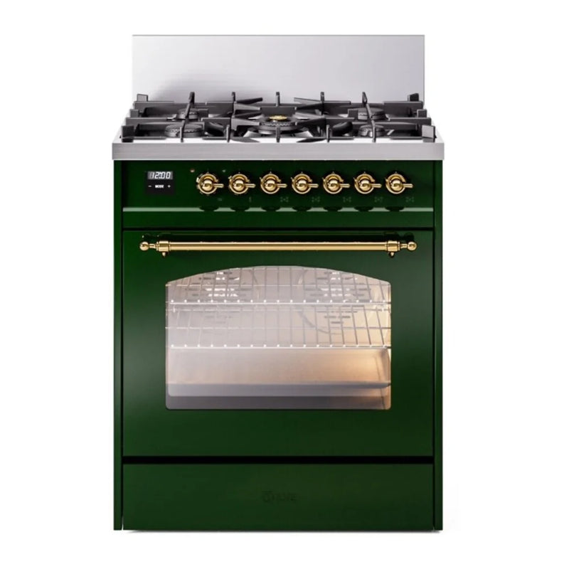 ILVE Nostalgie II 30" Dual Fuel Freestanding Range in Emerald Green with Brass Trim, UP30NMPEGGLP