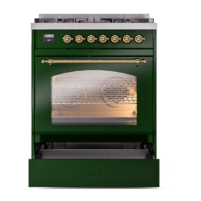 ILVE Nostalgie II 30" Dual Fuel Freestanding Range in Emerald Green with Brass Trim, UP30NMPEGGLP