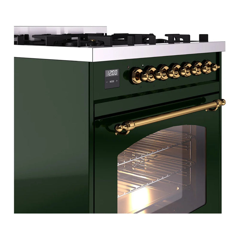 ILVE Nostalgie II 30" Dual Fuel Freestanding Range in Emerald Green with Brass Trim, UP30NMPEGGLP