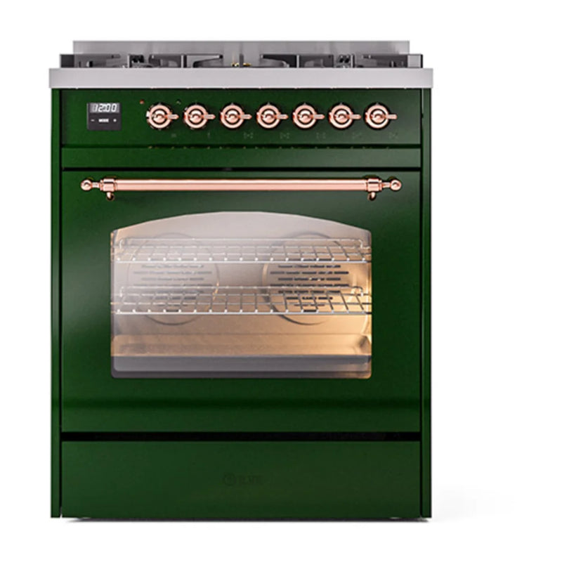 ILVE Nostalgie II 30" Dual Fuel Freestanding Range in Emerald Green with Copper Trim, UP30NMPEGPLP