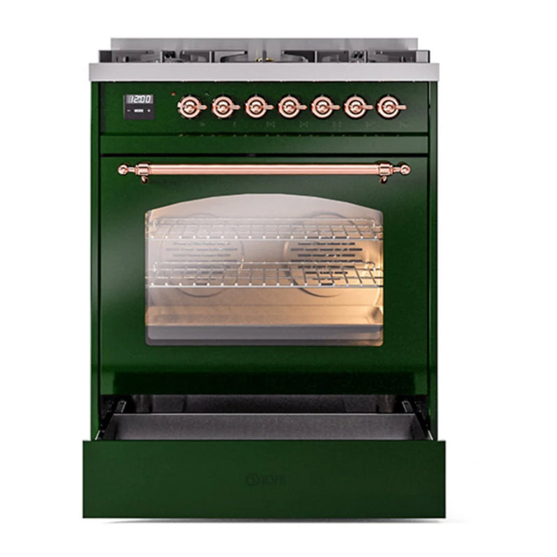 ILVE Nostalgie II 30" Dual Fuel Freestanding Range in Emerald Green with Copper Trim, UP30NMPEGPLP