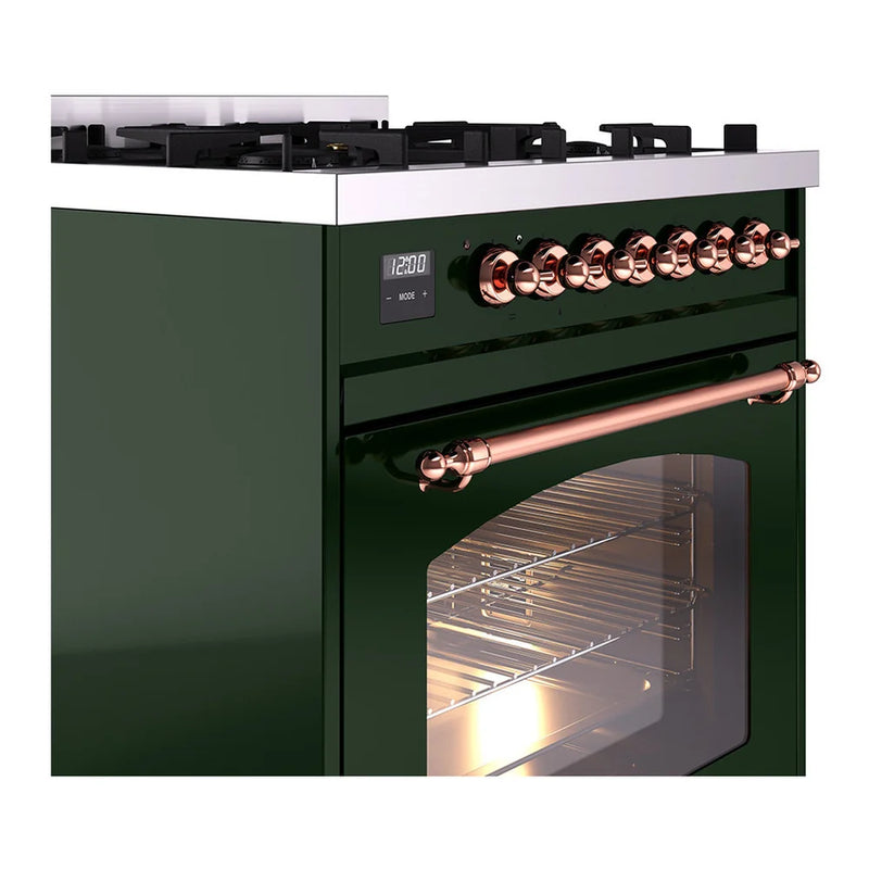 ILVE Nostalgie II 30" Dual Fuel Freestanding Range in Emerald Green with Copper Trim, UP30NMPEGPLP