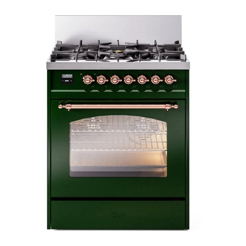 ILVE Nostalgie II 30" Dual Fuel Freestanding Range in Emerald Green with Copper Trim, UP30NMPEGP