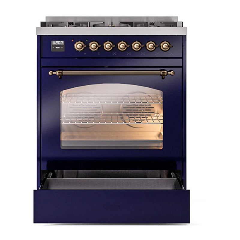 ILVE Nostalgie II 30" Dual Fuel Freestanding Range in Midnight Blue with Burnished Trim, UP30NMPMBBLP