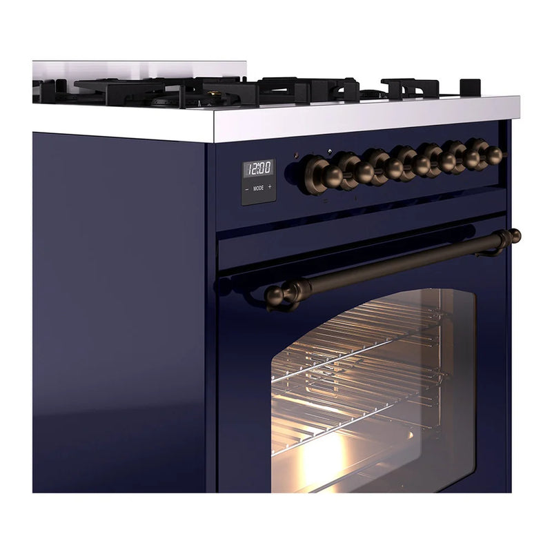 ILVE Nostalgie II 30" Dual Fuel Freestanding Range in Midnight Blue with Burnished Trim, UP30NMPMBBLP