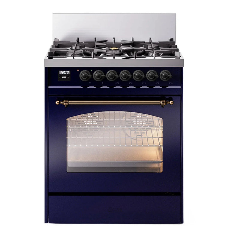 ILVE Nostalgie II 30" Dual Fuel Freestanding Range in Midnight Blue with Burnished Trim, UP30NMPMBB
