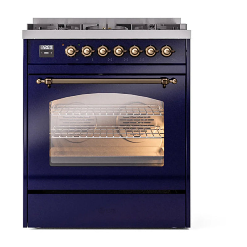ILVE Nostalgie II 30" Dual Fuel Freestanding Range in Midnight Blue with Burnished Trim, UP30NMPMBB