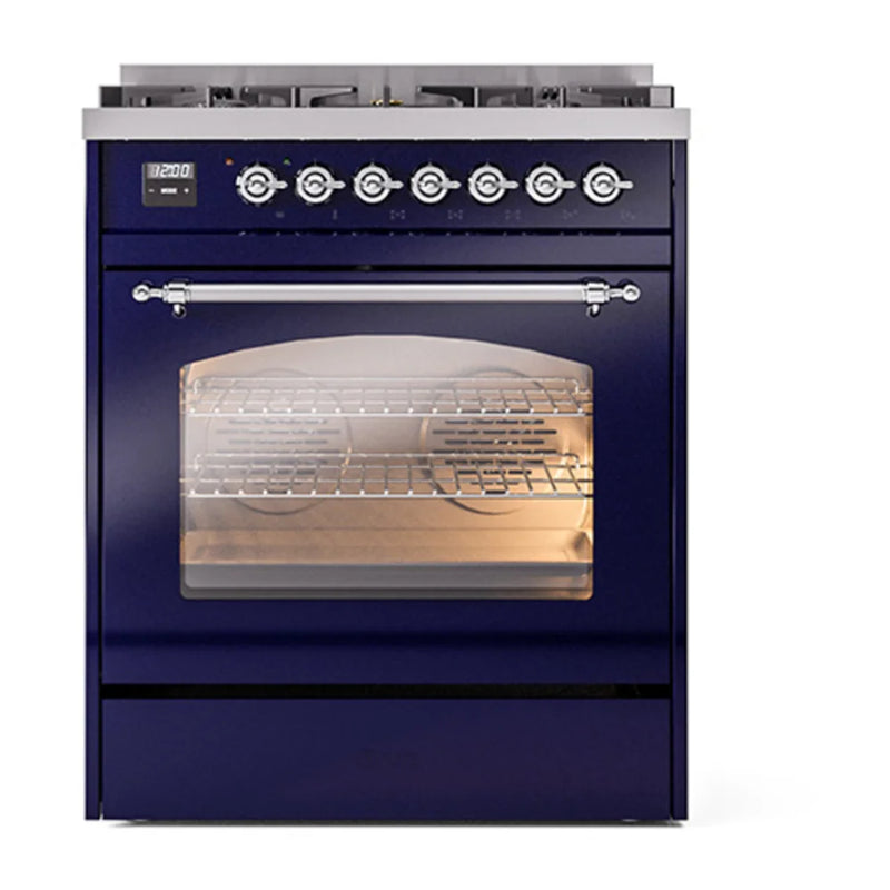 ILVE Nostalgie II 30" Dual Fuel Freestanding Range in Midnight Blue with Chrome Trim, UP30NMPMBCLP