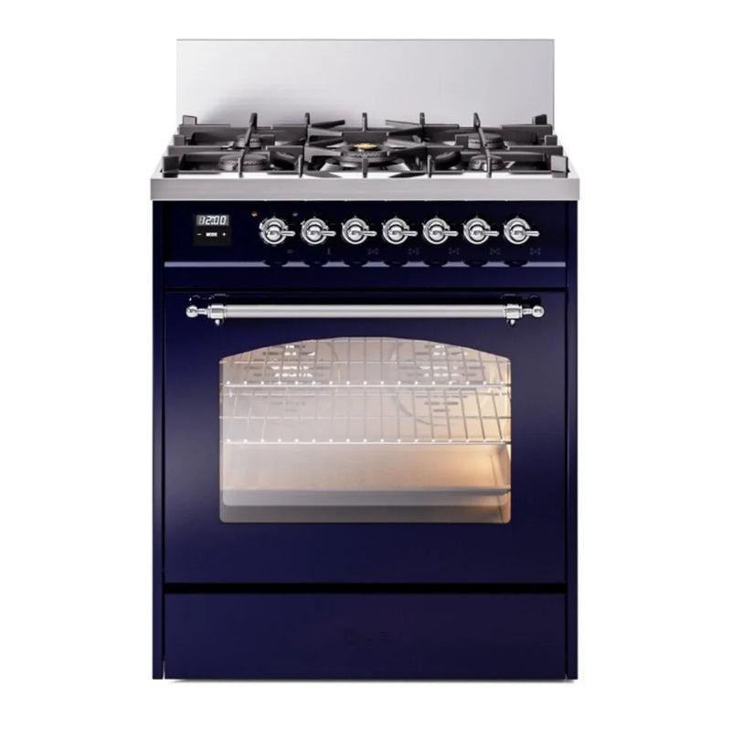ILVE Nostalgie II 30" Dual Fuel Freestanding Range in Midnight Blue with Chrome Trim, UP30NMPMBC