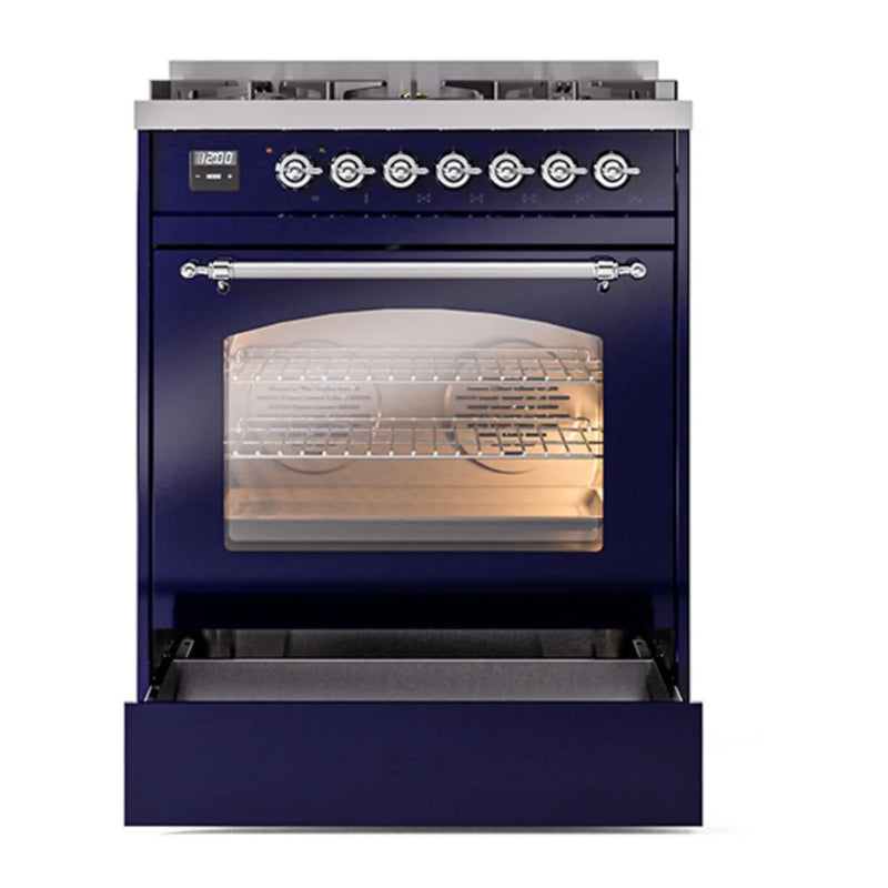 ILVE Nostalgie II 30" Dual Fuel Freestanding Range in Midnight Blue with Chrome Trim, UP30NMPMBC