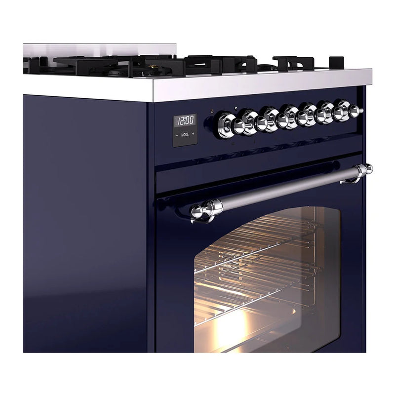 ILVE Nostalgie II 30" Dual Fuel Freestanding Range in Midnight Blue with Chrome Trim, UP30NMPMBC