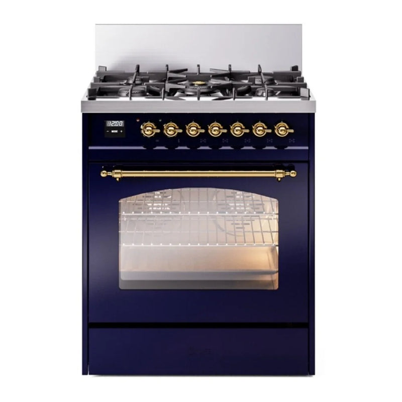 ILVE Nostalgie II 30" Dual Fuel Freestanding Range in Midnight Blue with Brass Trim, UP30NMPMBGLP