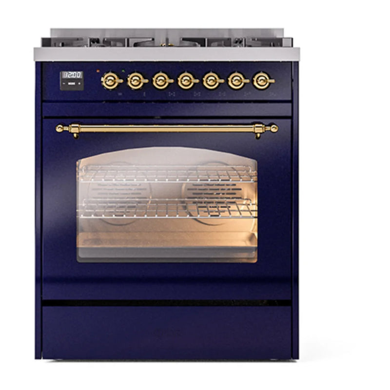 ILVE Nostalgie II 30" Dual Fuel Freestanding Range in Midnight Blue with Brass Trim, UP30NMPMBGLP