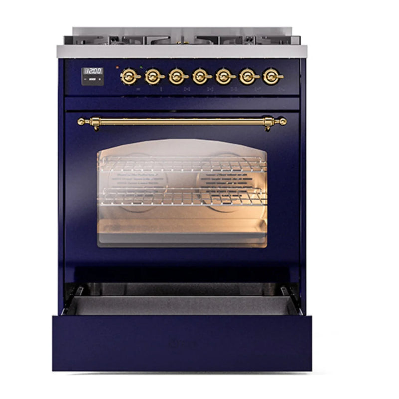 ILVE Nostalgie II 30" Dual Fuel Freestanding Range in Midnight Blue with Brass Trim, UP30NMPMBGLP