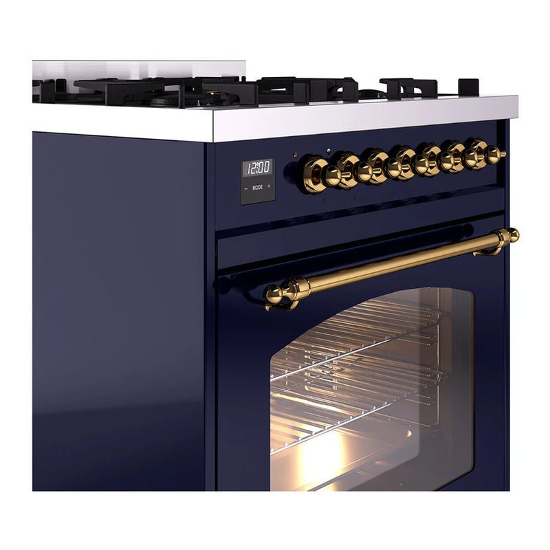 ILVE Nostalgie II 30" Dual Fuel Freestanding Range in Midnight Blue with Brass Trim, UP30NMPMBG