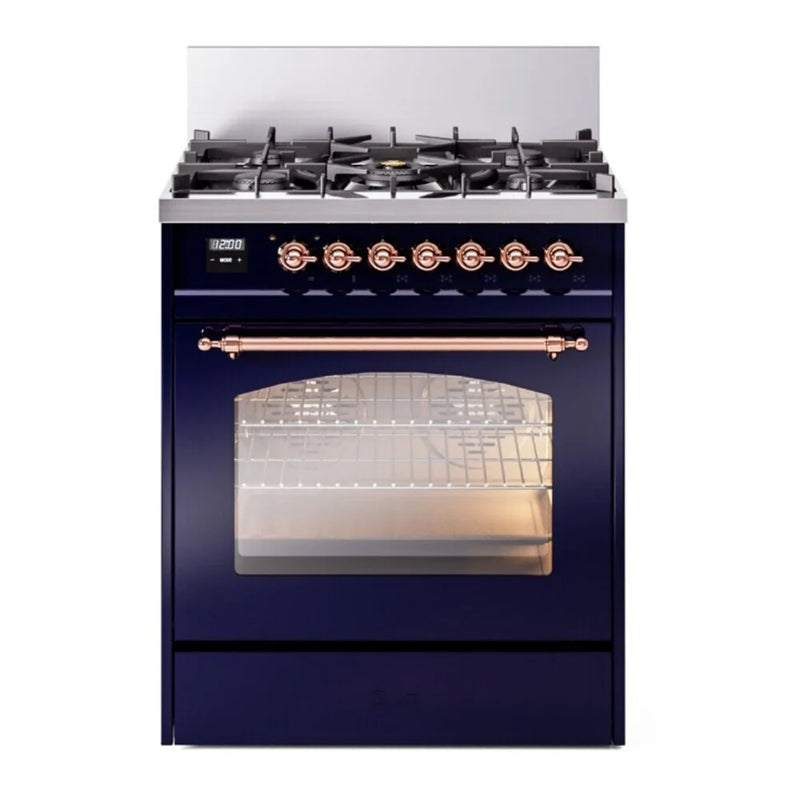 ILVE Nostalgie II 30" Dual Fuel Freestanding Range in Midnight Blue with Copper Trim, UP30NMPMBPLP