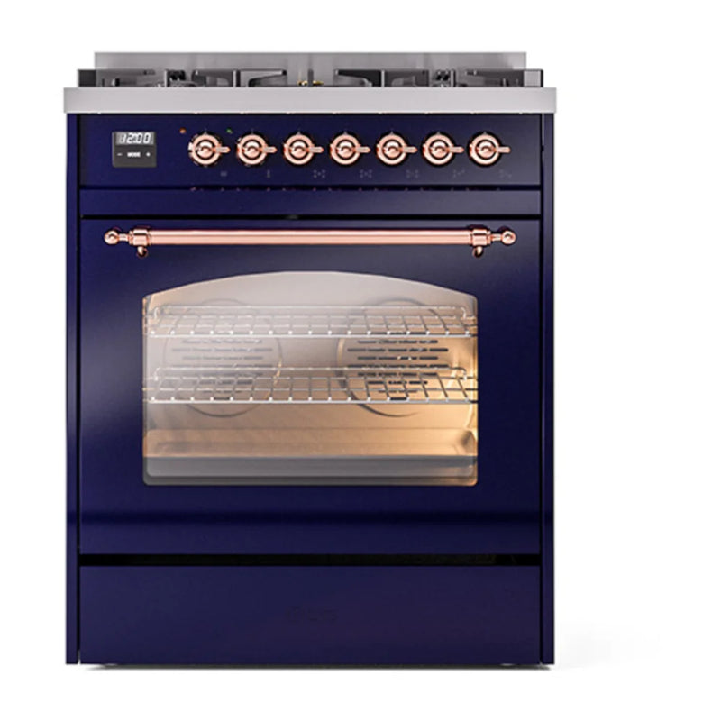 ILVE Nostalgie II 30" Dual Fuel Freestanding Range in Midnight Blue with Copper Trim, UP30NMPMBPLP
