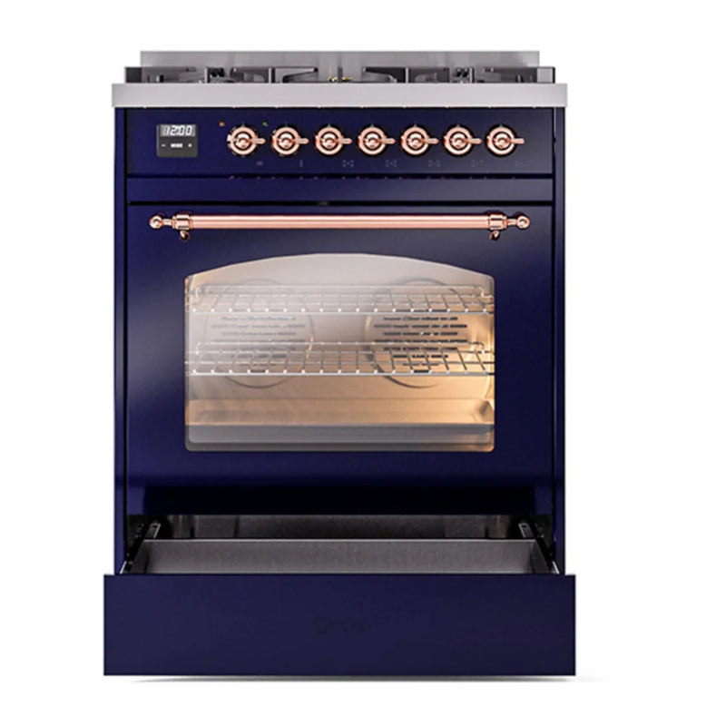 ILVE Nostalgie II 30" Dual Fuel Freestanding Range in Midnight Blue with Copper Trim, UP30NMPMBPLP