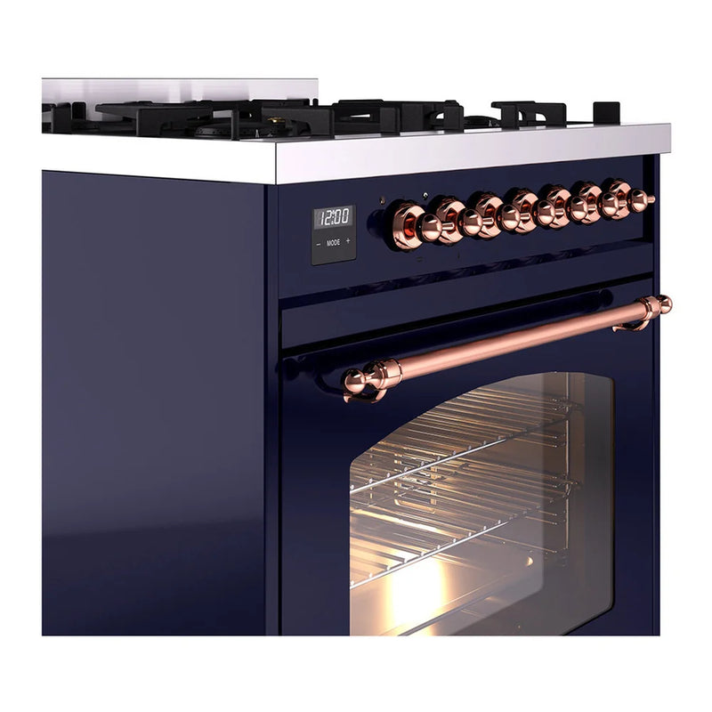 ILVE Nostalgie II 30" Dual Fuel Freestanding Range in Midnight Blue with Copper Trim, UP30NMPMBP