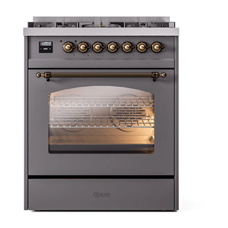 ILVE Nostalgie II 30" Dual Fuel Freestanding Range in Graphite Matte with Burnished Trim, UP30NMPMGBLP